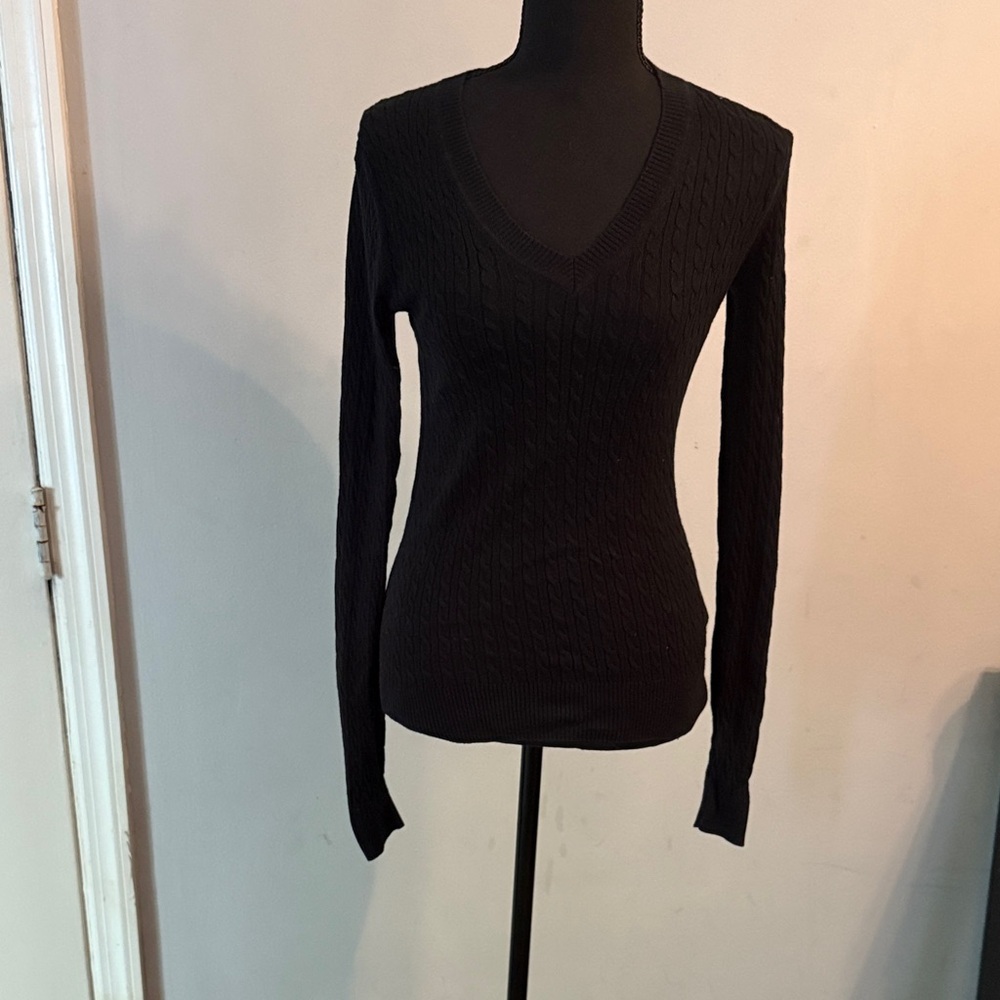 Elegant Black V-Neck Cotton Women's Sweater